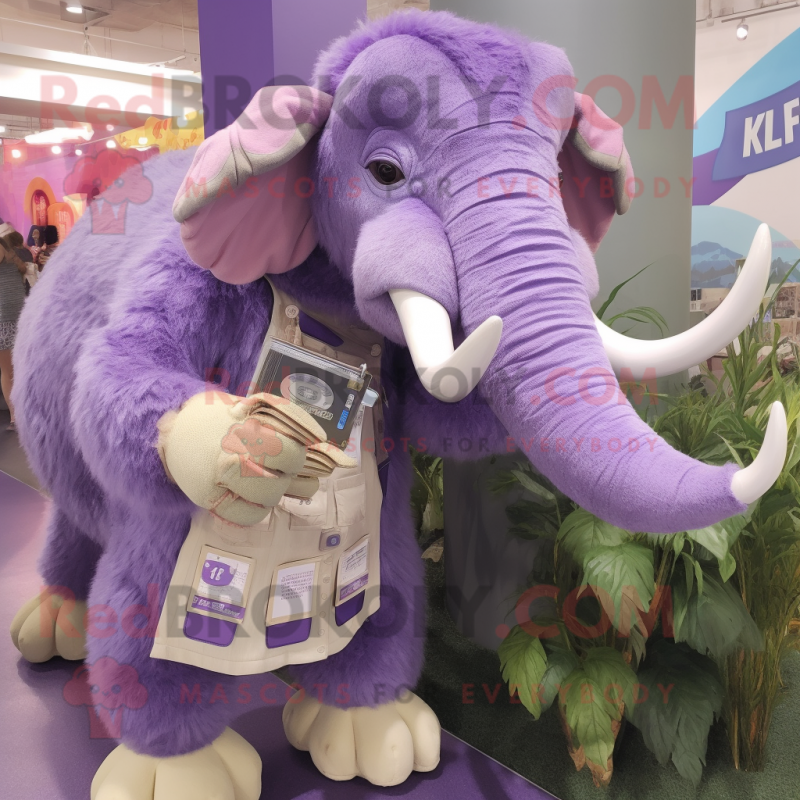 Lavender Mammoth mascot costume character dressed with a Poplin Shirt and Coin purses Lavender Mammoth mascot costume character dressed with a Poplin Shirt and Coin purses