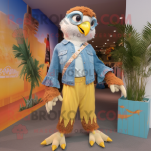 Cream Falcon mascot costume character dressed with a Boyfriend Jeans and Hairpins