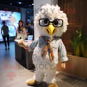 Cream Falcon mascot costume character dressed with a Boyfriend Jeans and Hairpins