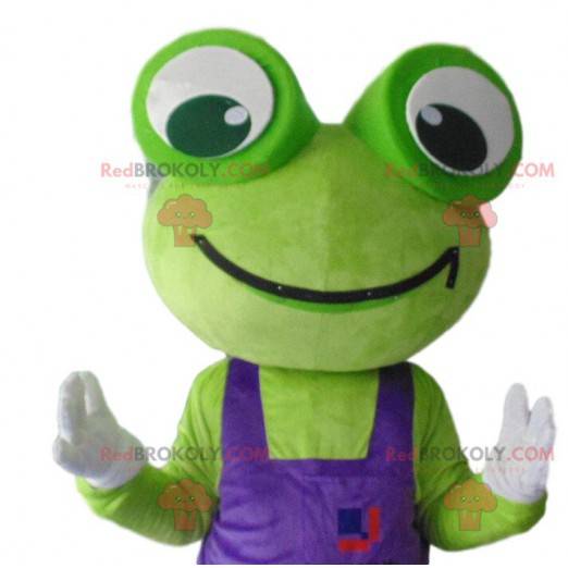 Mascotte de grenouille verte avec une salopette violette -