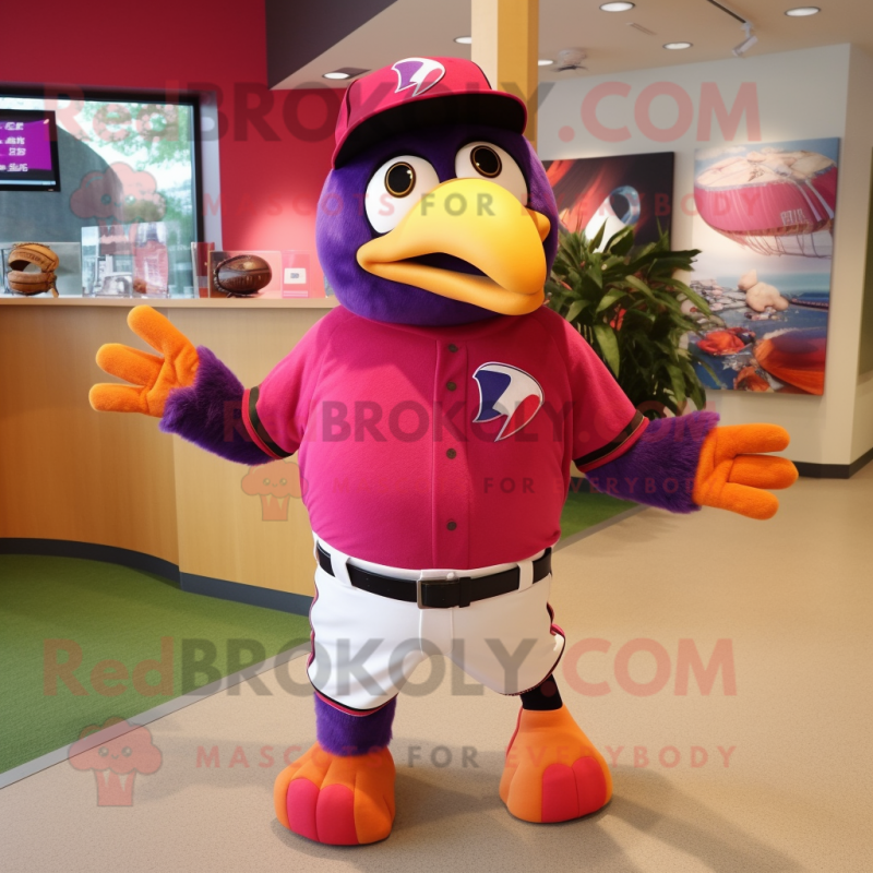 Magenta Toucan mascot costume character dressed with a Baseball Tee and Headbands