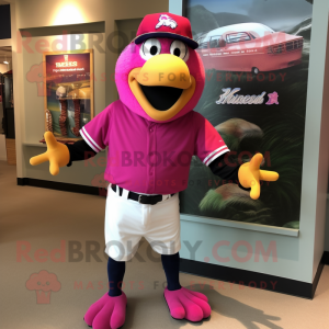 Magenta Toucan mascot costume character dressed with a Baseball Tee and Headbands