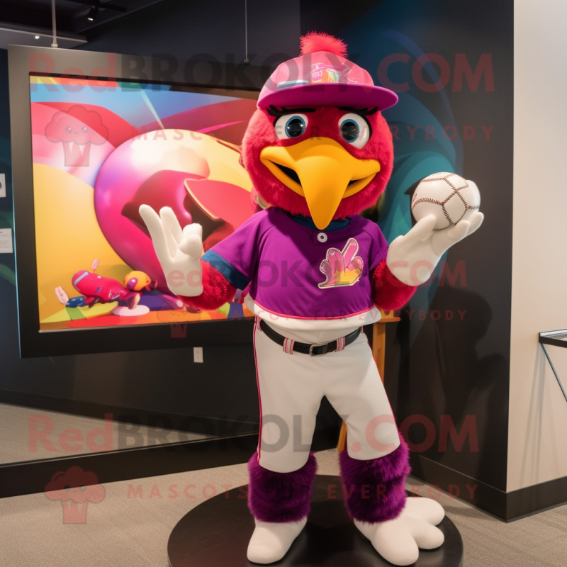 Magenta Toucan mascot costume character dressed with a Baseball Tee and Headbands Magenta Toucan mascot costume character dressed with a Baseball Tee and Headbands