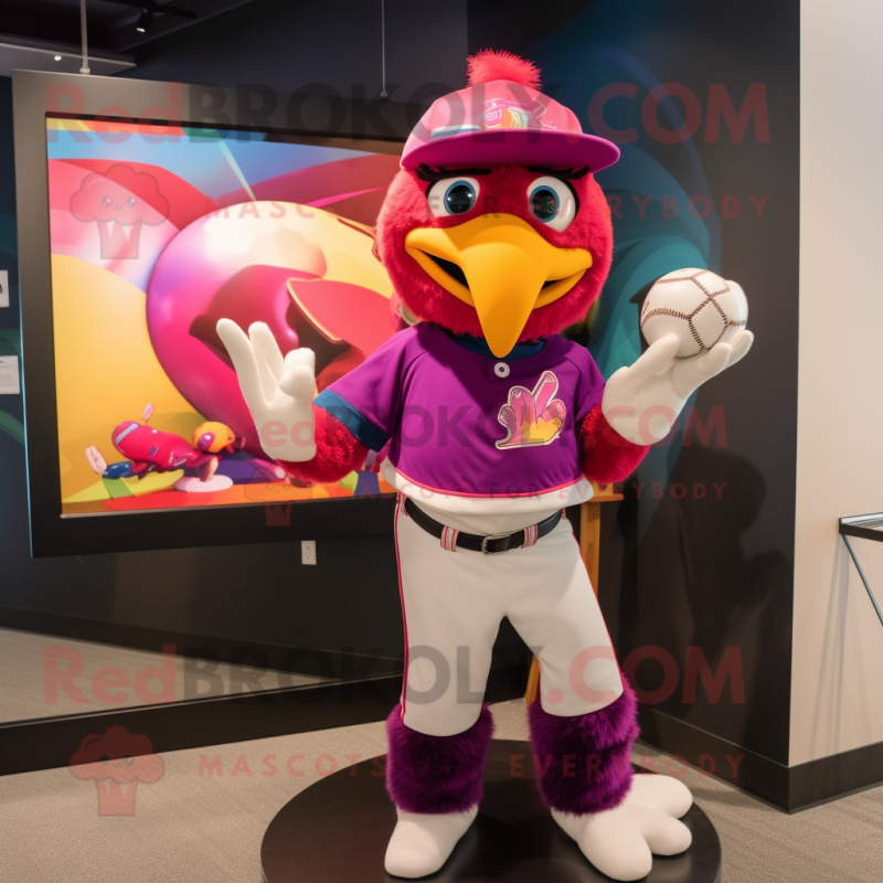 Magenta Toucan mascot costume character dressed with a Baseball Tee and Headbands