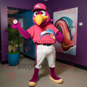 Magenta Toucan mascot costume character dressed with a Baseball Tee and Headbands