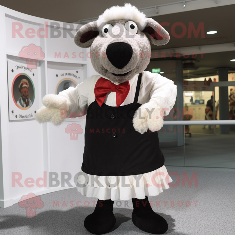 nan Suffolk Sheep mascot costume character dressed with a A-Line Dress and Bow ties