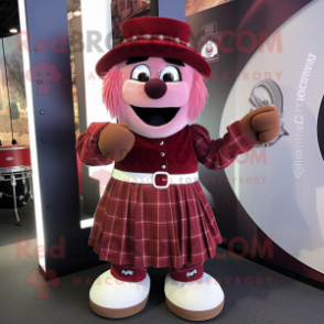 Maroon Bagpipe mascot costume character dressed with a Circle Skirt and Headbands