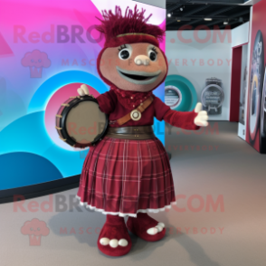 Maroon Bagpipe mascot costume character dressed with a Circle Skirt and Headbands