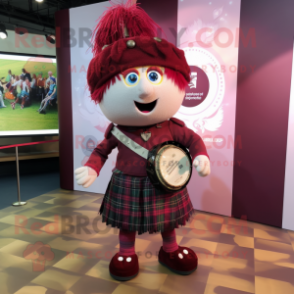 Maroon Bagpipe mascot costume character dressed with a Circle Skirt and Headbands