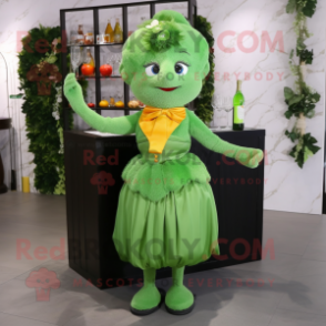 Forest Green Apricot mascot costume character dressed with a Cocktail Dress and Gloves