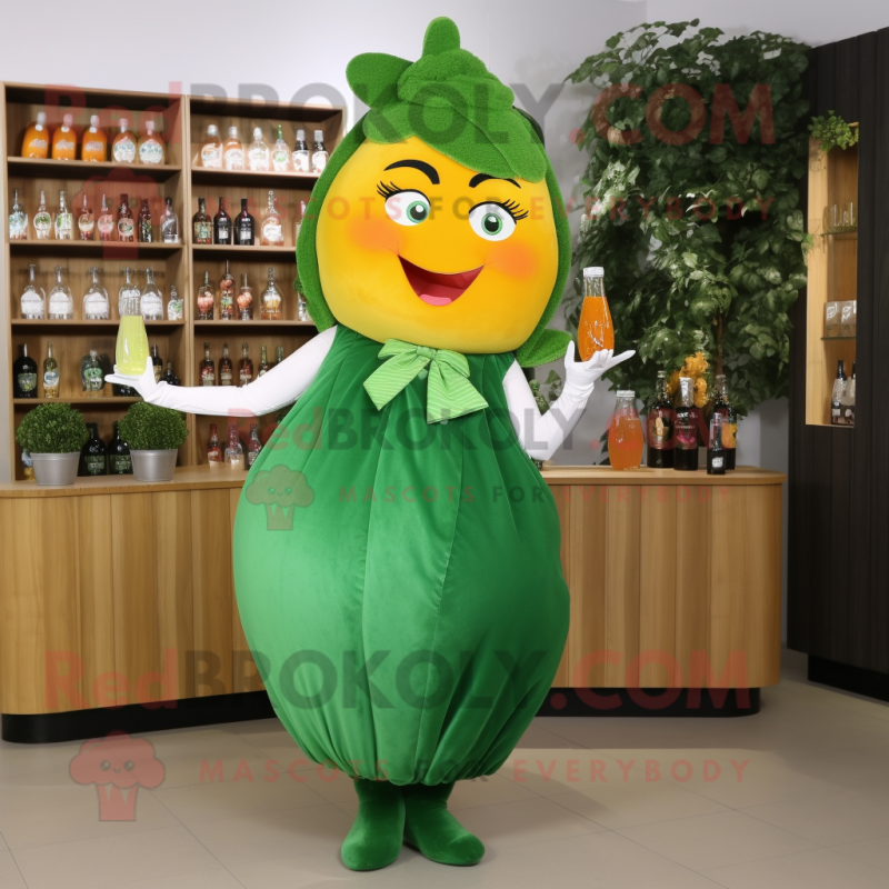 Forest Green Apricot mascot costume character dressed with a Cocktail Dress and Gloves