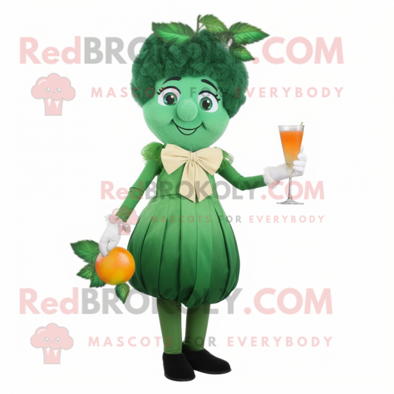 Forest Green Apricot mascot costume character dressed with a Cocktail Dress and Gloves