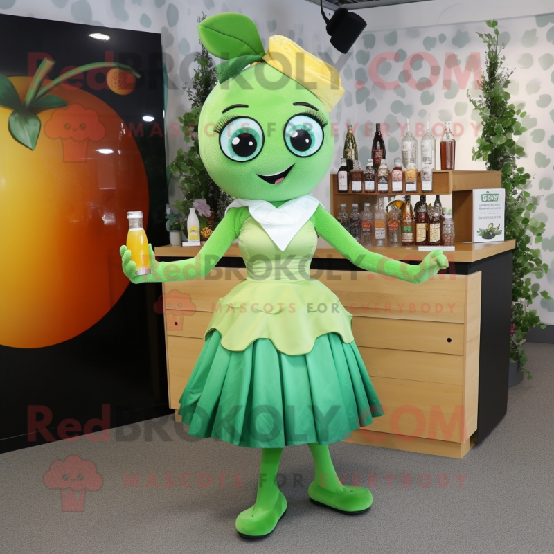 Forest Green Apricot mascot costume character dressed with a Cocktail Dress and Gloves