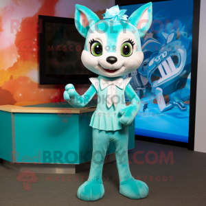 Turquoise Fox mascot costume character dressed with a Mini Dress and Bow ties