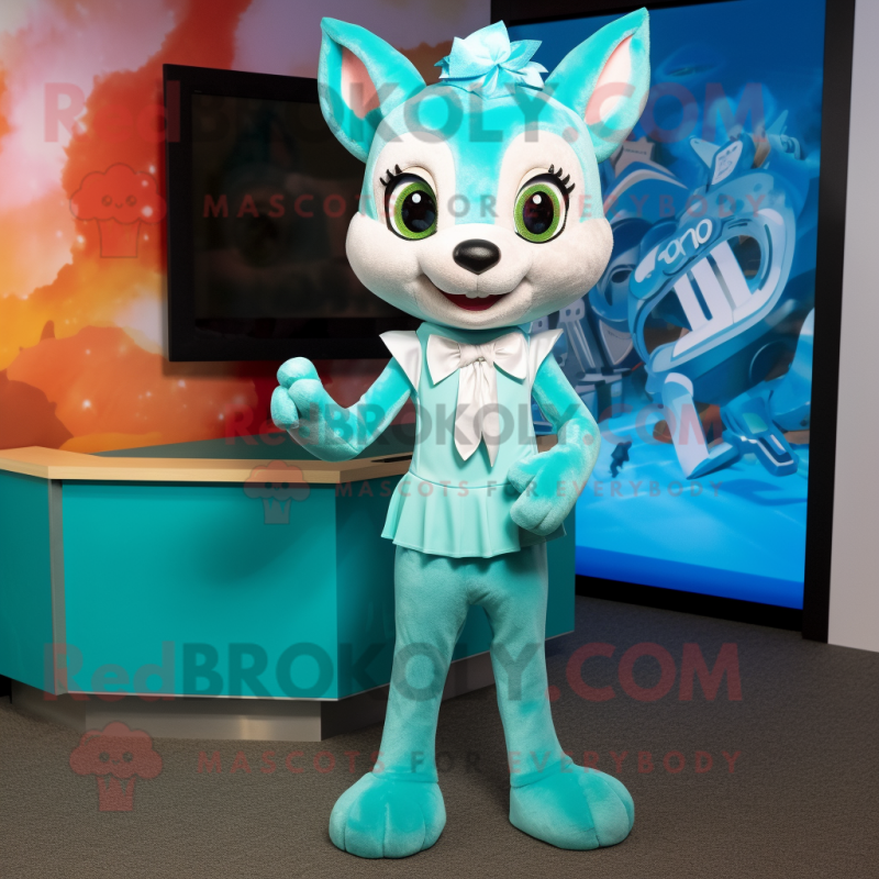 Turquoise Fox mascot costume character dressed with a Mini Dress and Bow ties