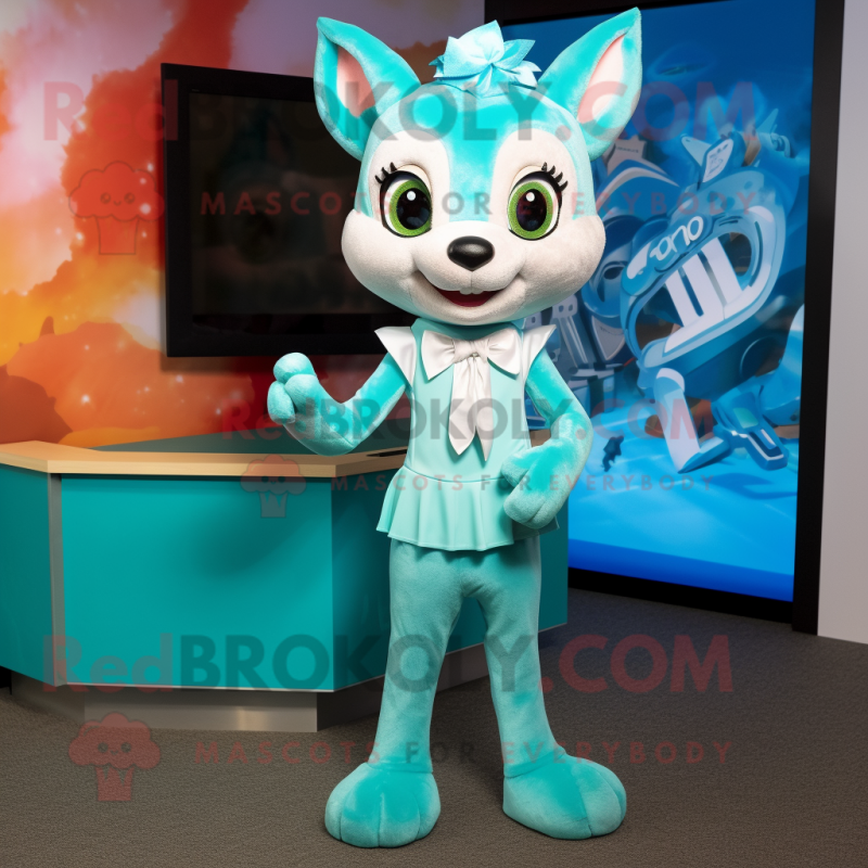 Turquoise Fox mascot costume character dressed with a Mini Dress and Bow ties Turquoise Fox mascot costume character dressed with a Mini Dress and Bow ties