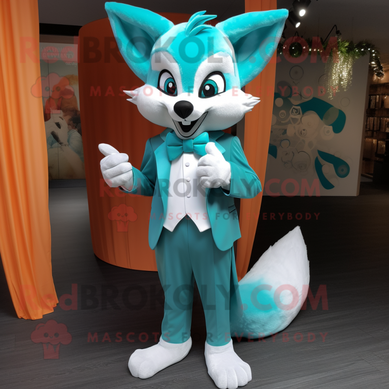 Turquoise Fox mascot costume character dressed with a Mini Dress and Bow ties