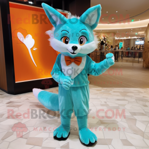 Turquoise Fox mascot costume character dressed with a Mini Dress and Bow ties