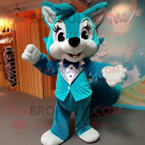 Turquoise Fox mascot costume character dressed with a Mini Dress and Bow ties