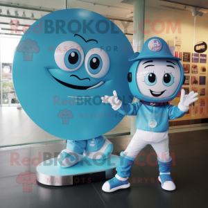 Cyan Plate Spinner mascot costume character dressed with a Romper and Smartwatches