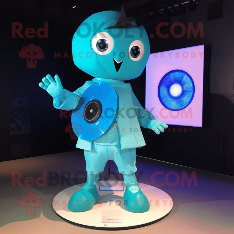 Cyan Plate Spinner mascot costume character dressed with a Romper and Smartwatches