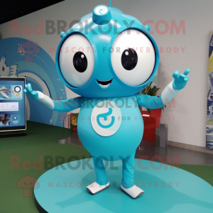 Cyan Plate Spinner mascot costume character dressed with a Romper and Smartwatches