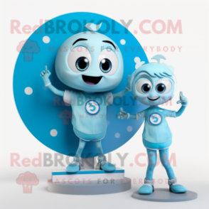 Cyan Plate Spinner mascot costume character dressed with a Romper and Smartwatches