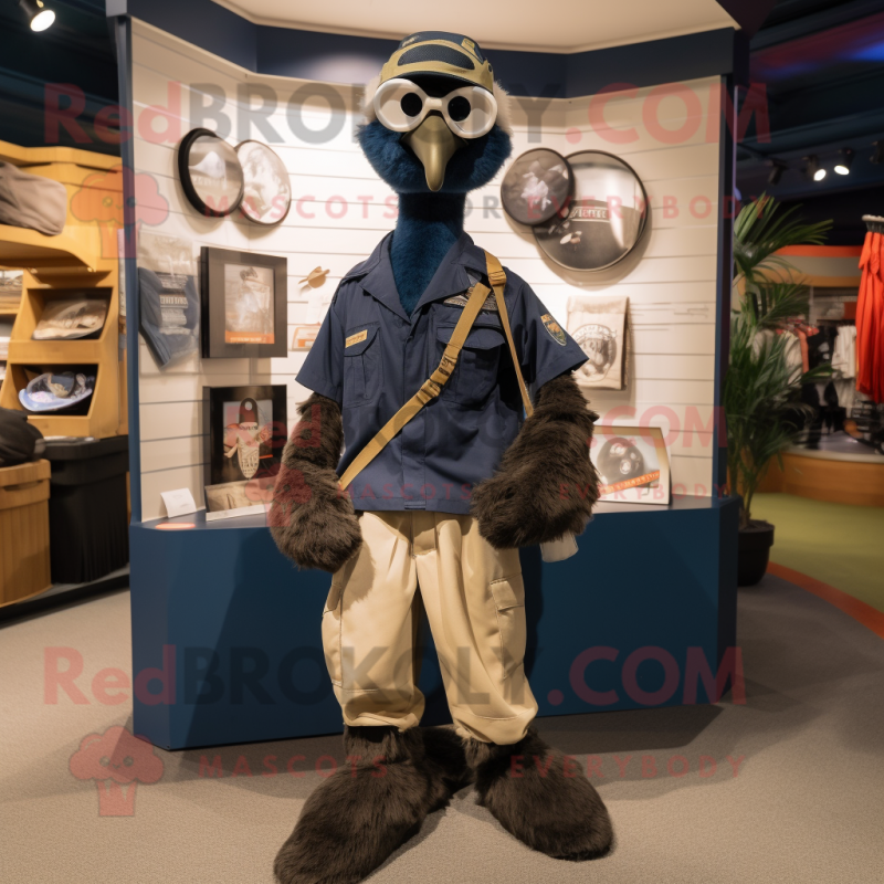 Navy Emu mascot costume character dressed with a Cargo Pants and Rings Navy Emu mascot costume character dressed with a Cargo Pants and Rings