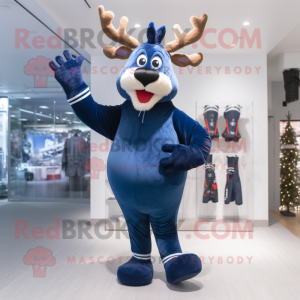 Navy Reindeer mascot costume character dressed with a Jeggings and Mittens