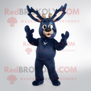 Navy Reindeer mascot costume character dressed with a Jeggings and Mittens