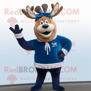 Navy Reindeer mascot costume character dressed with a Jeggings and Mittens