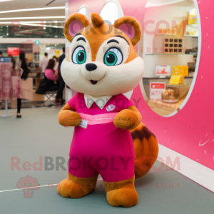 Magenta Chipmunk mascot costume character dressed with a Blouse and Clutch bags