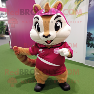 Magenta Chipmunk mascot costume character dressed with a Blouse and Clutch bags