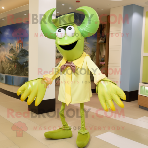 Olive Shrimp Scampi mascot costume character dressed with a Rash Guard and Bow ties