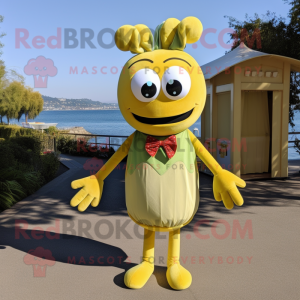Olive Shrimp Scampi mascot costume character dressed with a Rash Guard and Bow ties