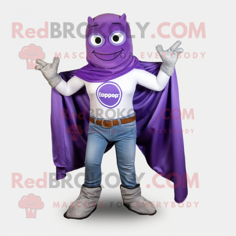 Lavender Superhero mascot costume character dressed with a Boyfriend Jeans and Scarf clips