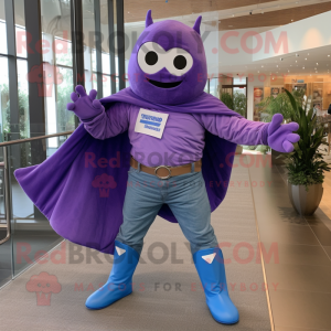 Lavender Superhero mascot costume character dressed with a Boyfriend Jeans and Scarf clips