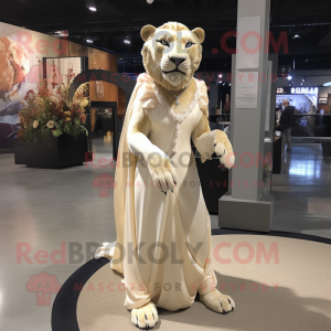 Cream Smilodon mascot costume character dressed with a Evening Gown and Lapel pins