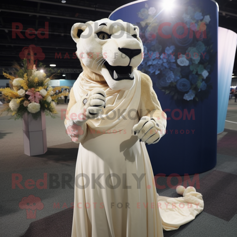 Cream Smilodon mascot costume character dressed with a Evening Gown and Lapel pins Cream Smilodon mascot costume character dressed with a Evening Gown and Lapel pins