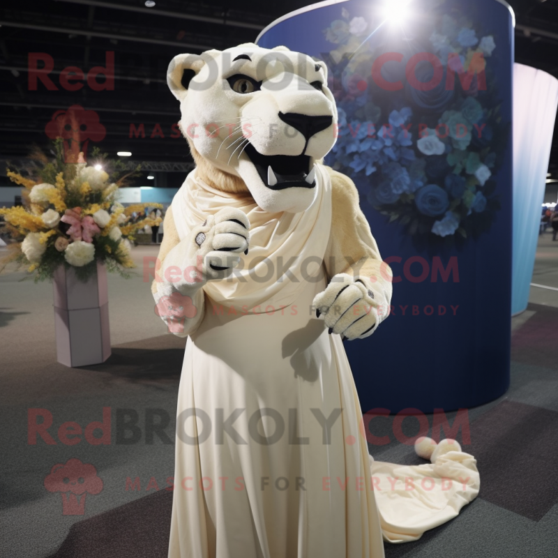 Cream Smilodon mascot costume character dressed with a Evening Gown and Lapel pins