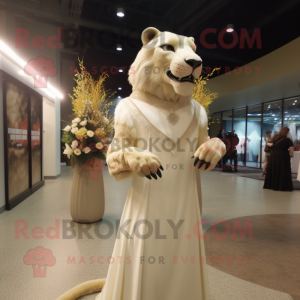 Cream Smilodon mascot costume character dressed with a Evening Gown and Lapel pins