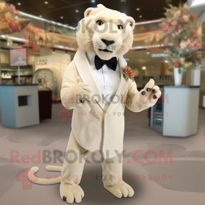 Cream Smilodon mascot costume character dressed with a Evening Gown and Lapel pins