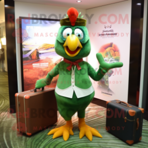 Forest Green Tandoori Chicken mascot costume character dressed with a Sheath Dress and Briefcases