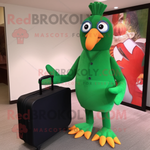 Forest Green Tandoori Chicken mascot costume character dressed with a Sheath Dress and Briefcases