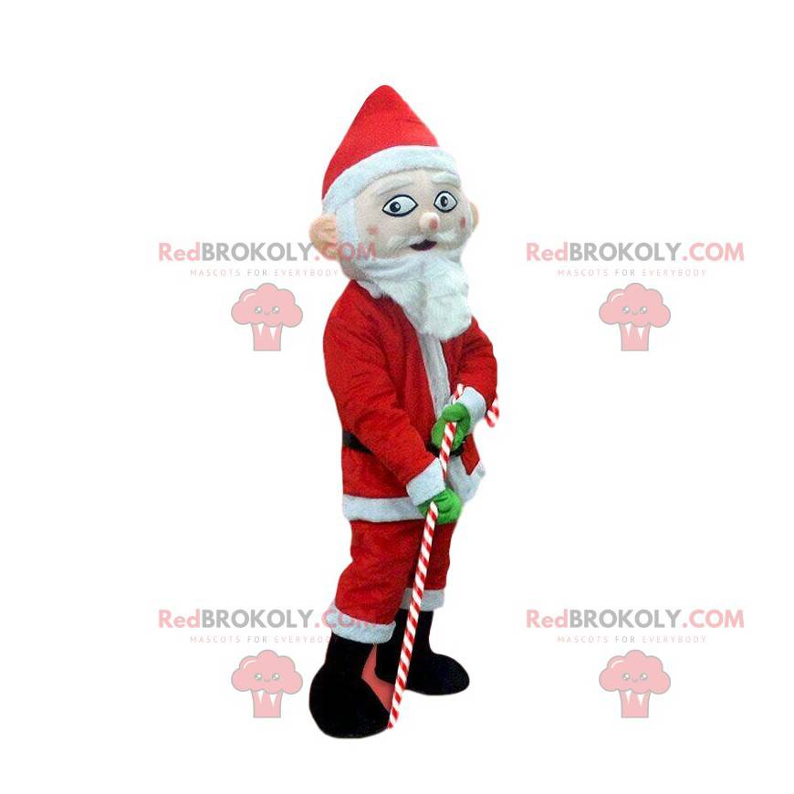 Mascot Santa Claus con un bastón de caramelo de cebada -