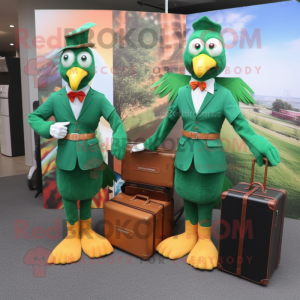 Forest Green Tandoori Chicken mascot costume character dressed with a Sheath Dress and Briefcases