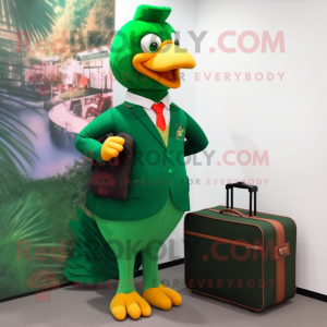 Forest Green Tandoori Chicken mascot costume character dressed with a Sheath Dress and Briefcases