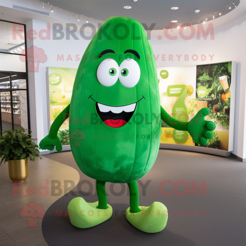 Green Cucumber mascot costume character dressed with a Graphic Tee and Cufflinks