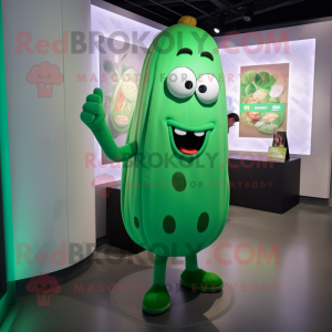 Green Cucumber mascot costume character dressed with a Graphic Tee and Cufflinks