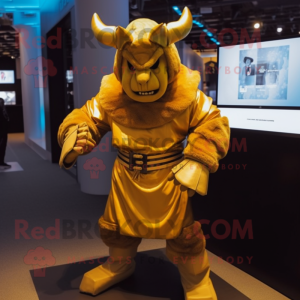Gold Minotaur mascot costume character dressed with a Hoodie and Belts